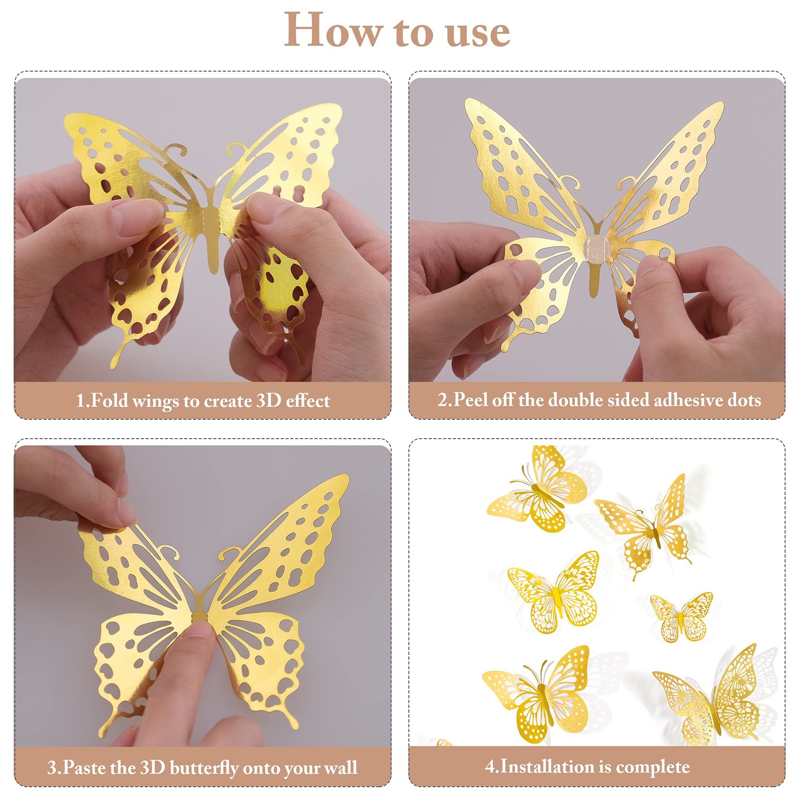 3D Butterfly Wall Decor – 48 Pcs, 4 Styles, 3 Sizes, Gold Butterfly Decorations