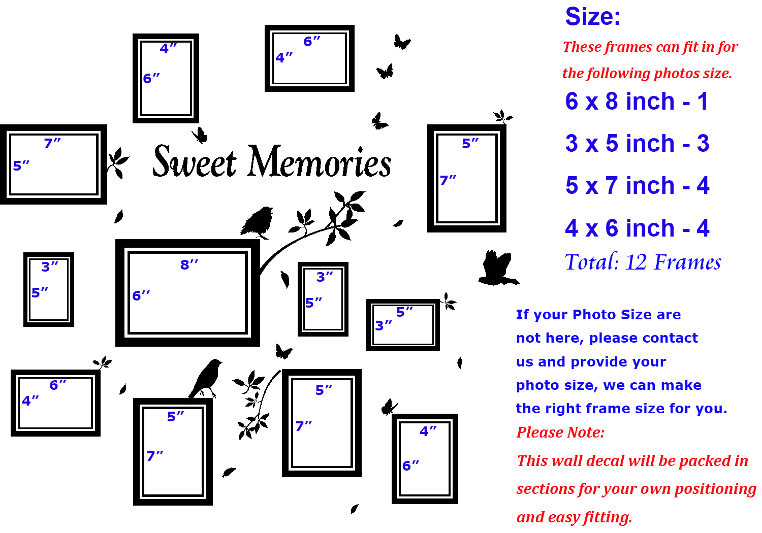 Multi Size Photo Frames with Birds, DIY Wall Art Vinyl Stickers- HIGH QUALITY