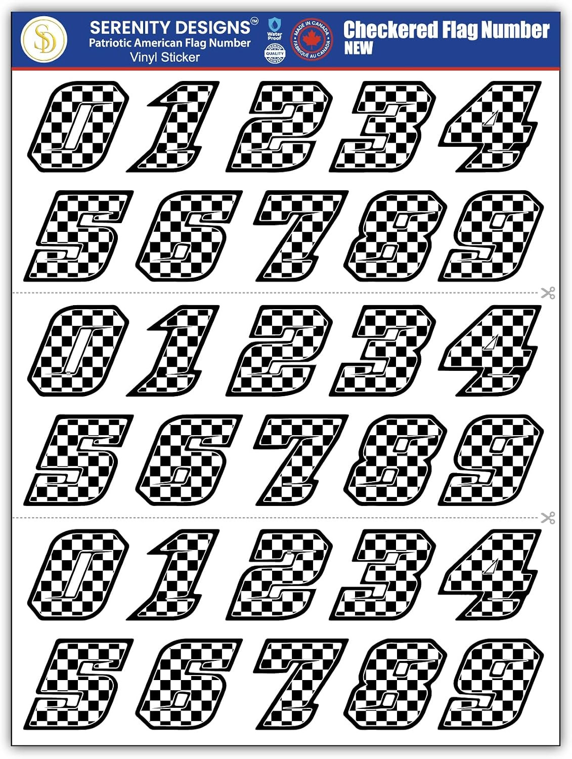 Checkered Flag Number Stickers – 3 Sets (0-9) Racing Waterproof Vinyl Decals for