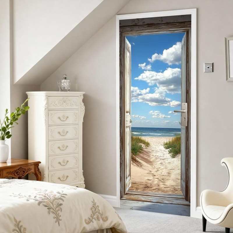 Beach Door Mural Rustic Ocean View Door Sticker Seaside Path Home Decoration New