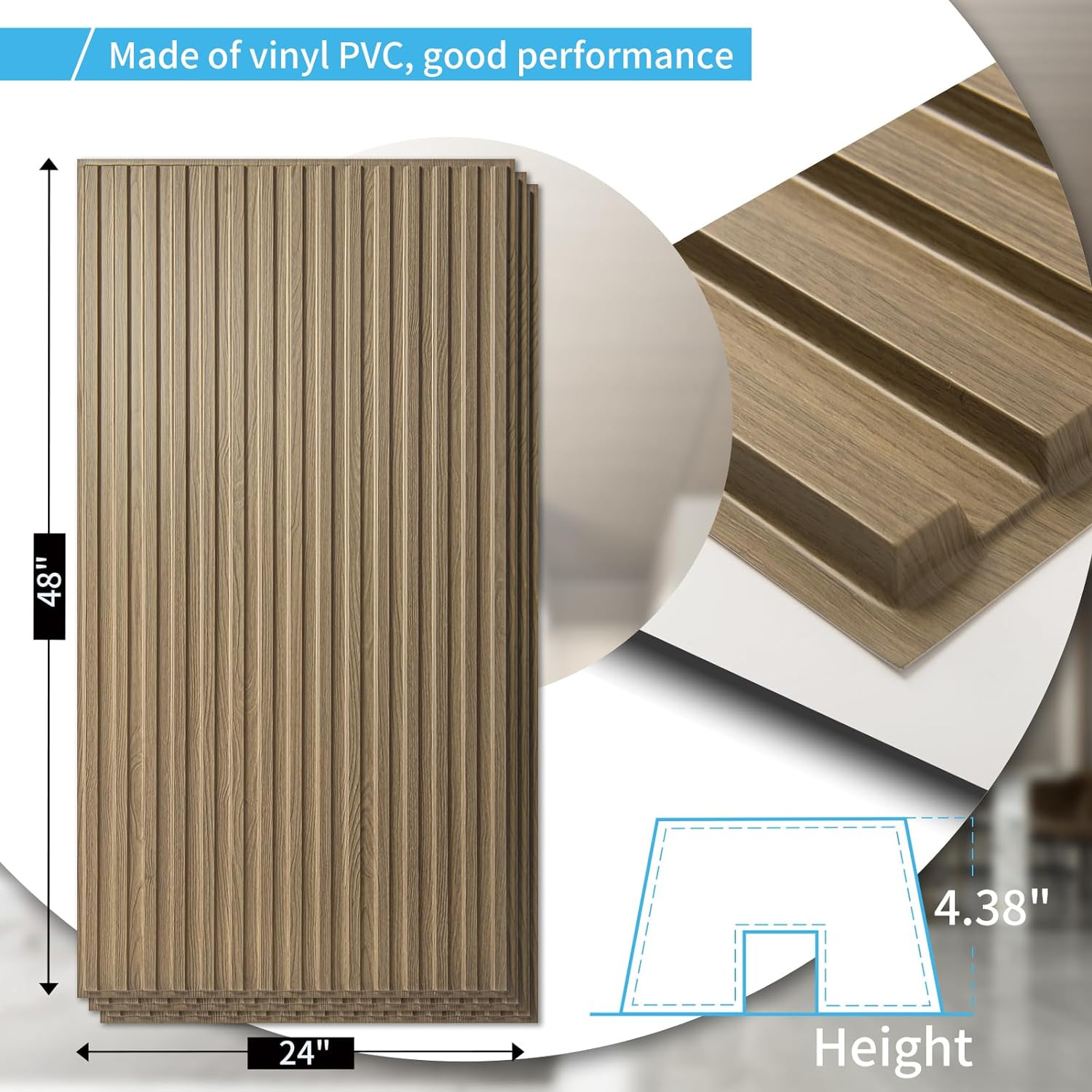 3D Slat Design PVC Wall Panels – 12-Pack, 2×4 FT, Walnut Finish