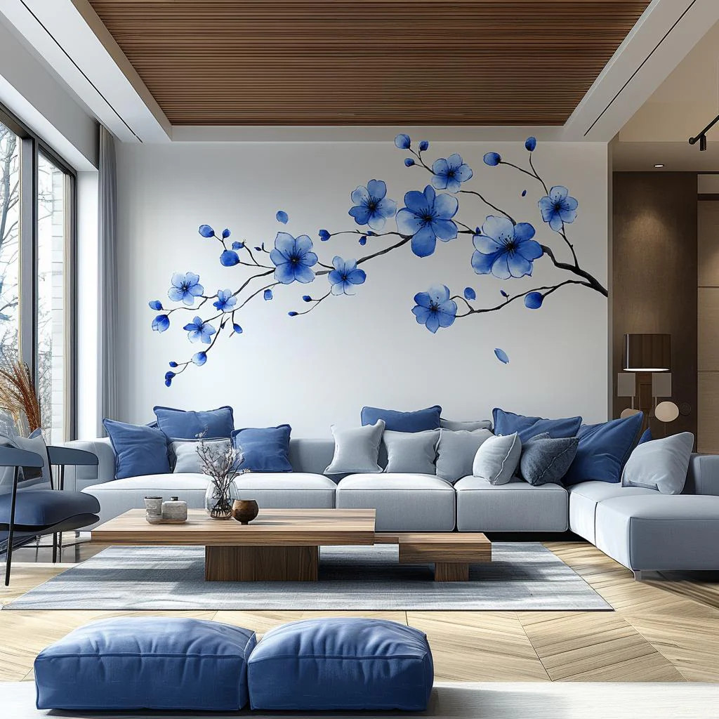 Blue Flower Branch Wall Decal | Large Sakura Floral Vinyl Sticker | Removable