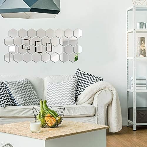 32 Pcs Silver Acrylic Hexagon Mirror Wall Stickers Removable Decor for Home O…