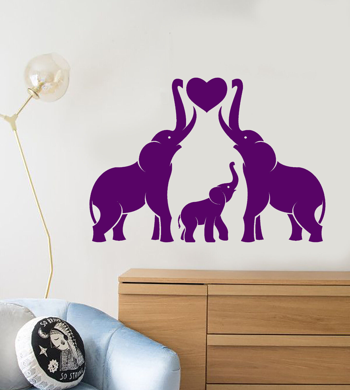 Vinyl Wall Decal Cartoon Family Elephants Animals Heart Symbol Stickers (2585ig)