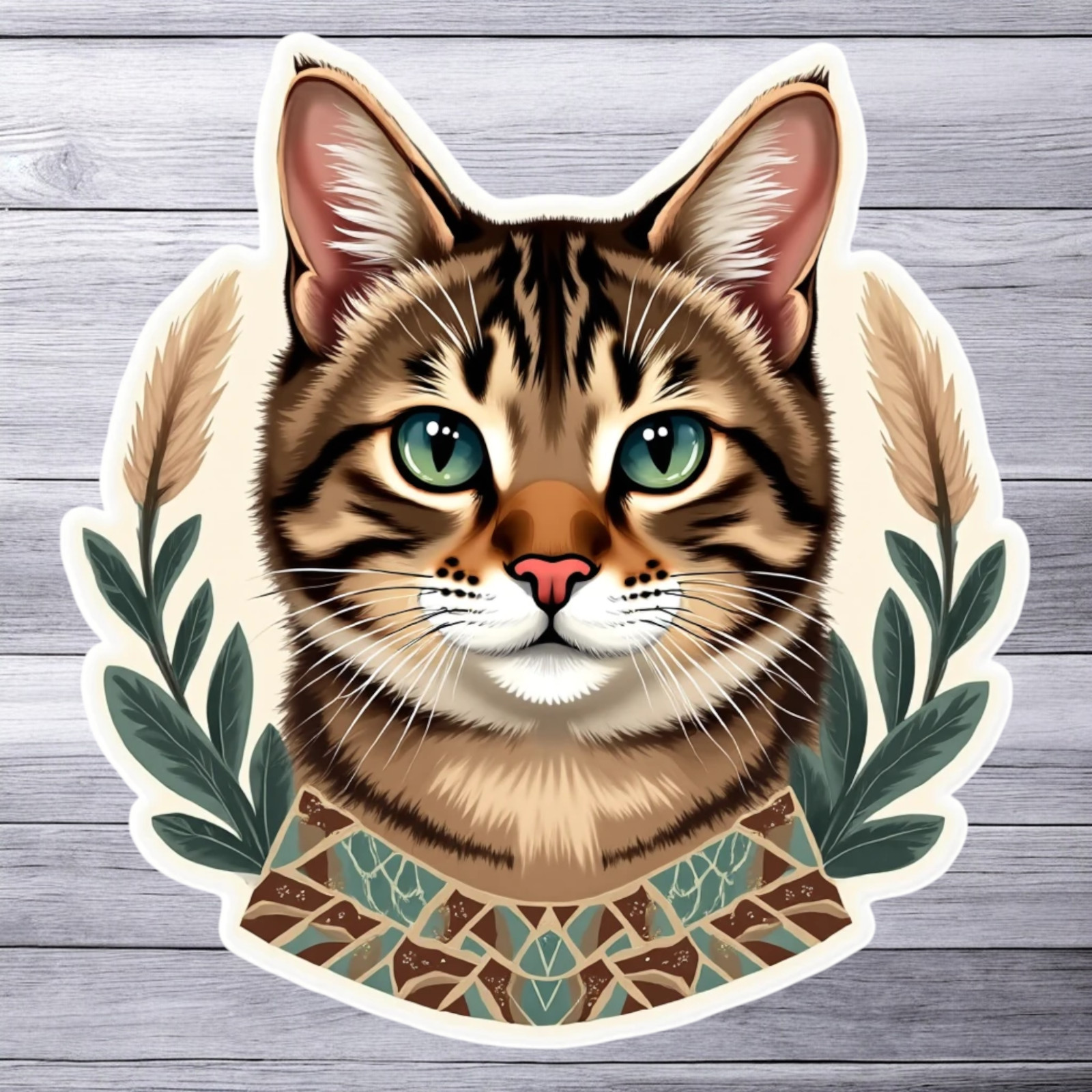 Tabby Cat Sticker Vinyl Decal Botanical Wheat Laurel Nature Portrait Art