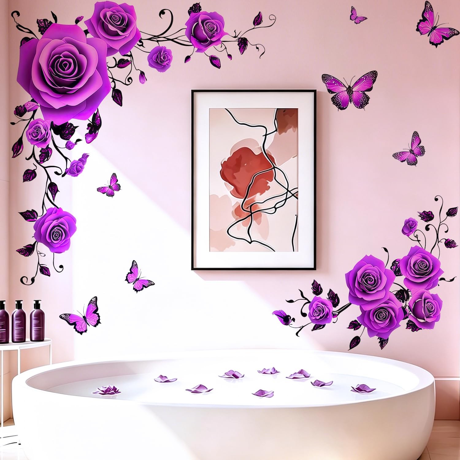 Purple Rose Wall Decals with Butterflies – Romantic Floral Vine Wall Stickers…