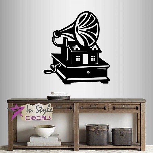 Vinyl Decal Music Box Retro Gramophone with Old House Vintage Wall Sticker 405