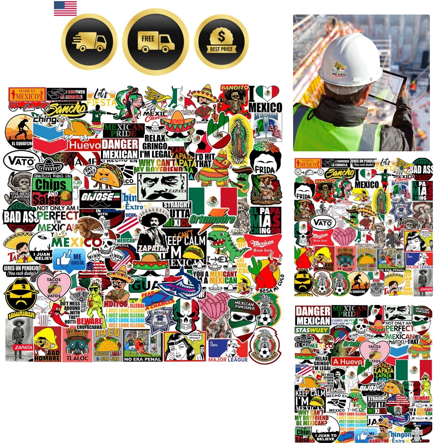 100pcs Mexican Hardhat Stickers, Funny Vinyl Mexico Tool Box Stickers, Design…