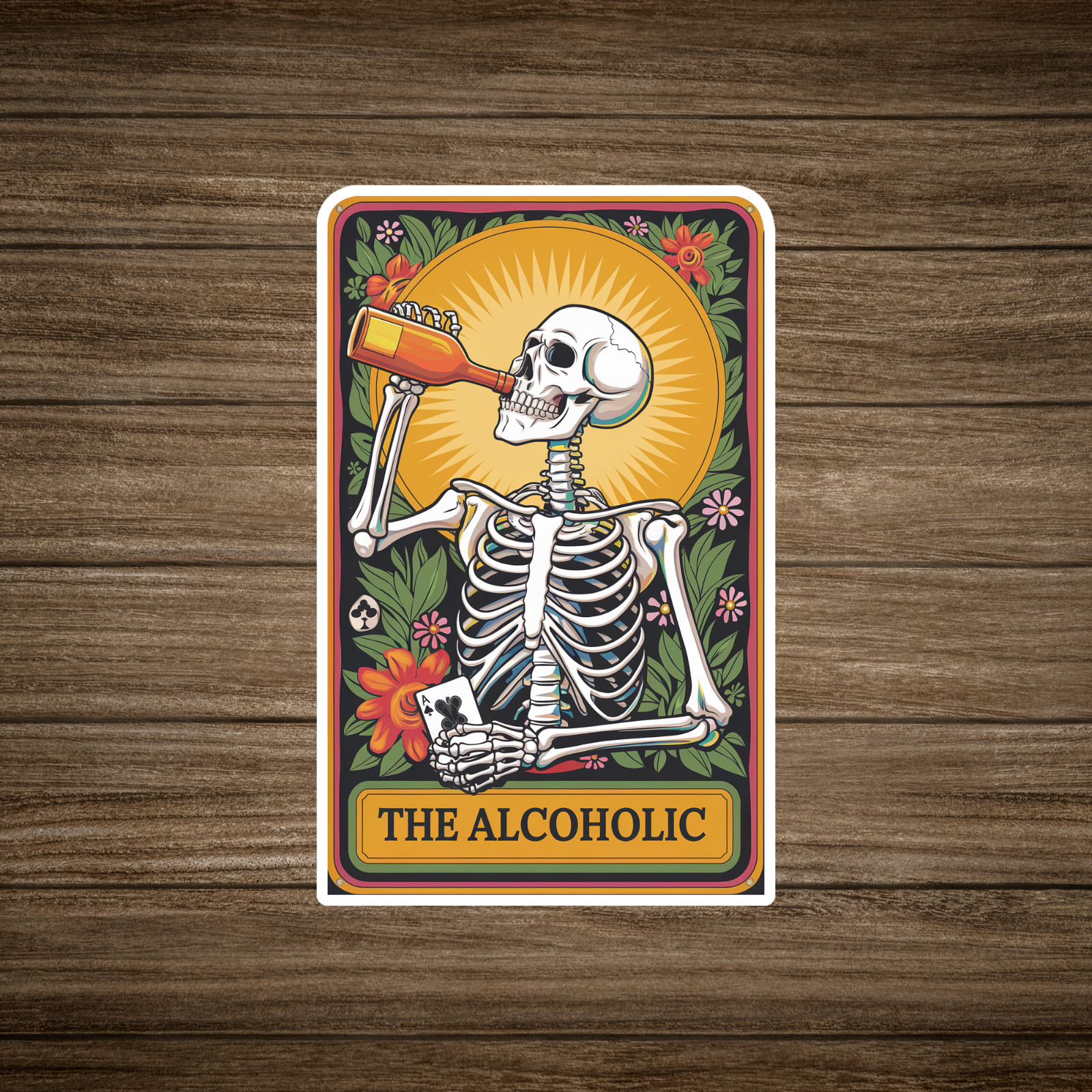 The Alcoholic Skeleton Tarot Card Sticker – Drinking Bones Laptop Decal #2151