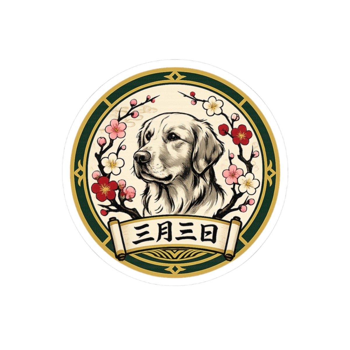 Golden Retriever Japan Kamon Style Sticker Hanamomo Birth Flower March 3 Vinyl