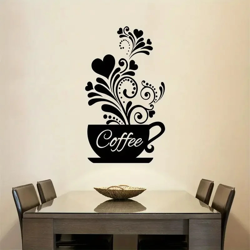 Black Flower Potted Coffee Pattern Wall Sticker Removable Wall Decals