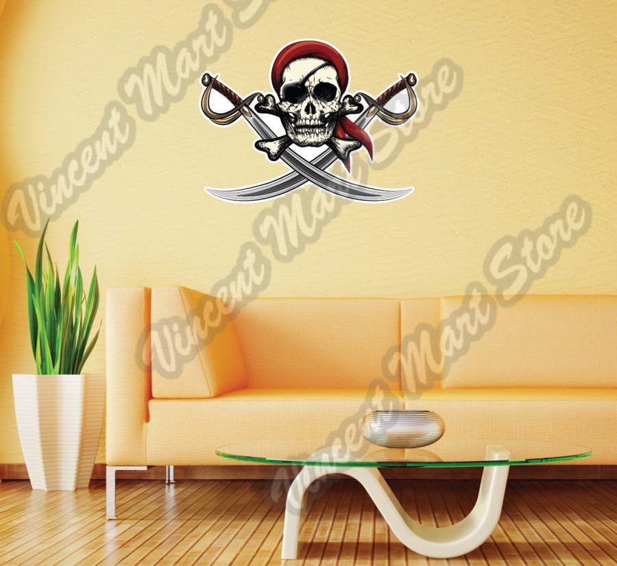 Pirate Skull Sword Crossbones Bandana Wall Sticker Room Interior Decor 25″X20″