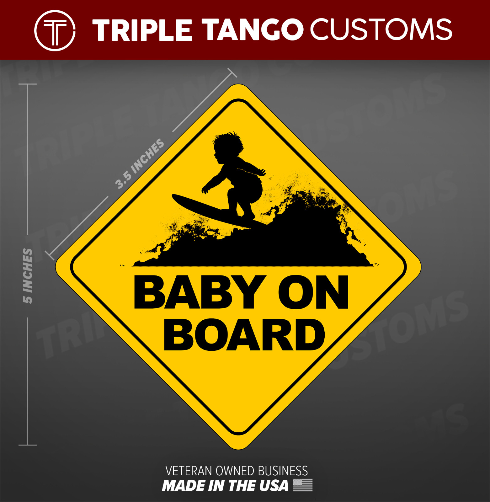 Funny Bumper Sticker BABY ON SURFBOARD Vinyl Decal MADE IN USA 3.5″ inches