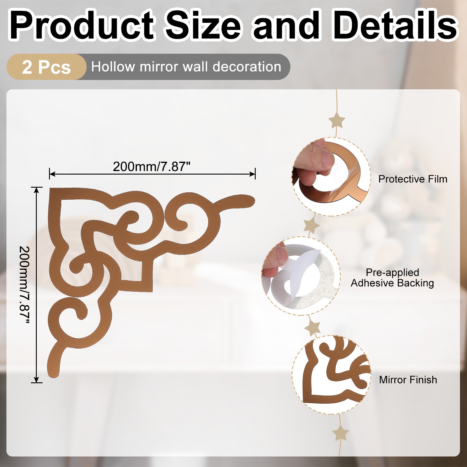 2 Pcs Hollow Mirror Wall Stickers (Tan, 7.9 x 7.9″)