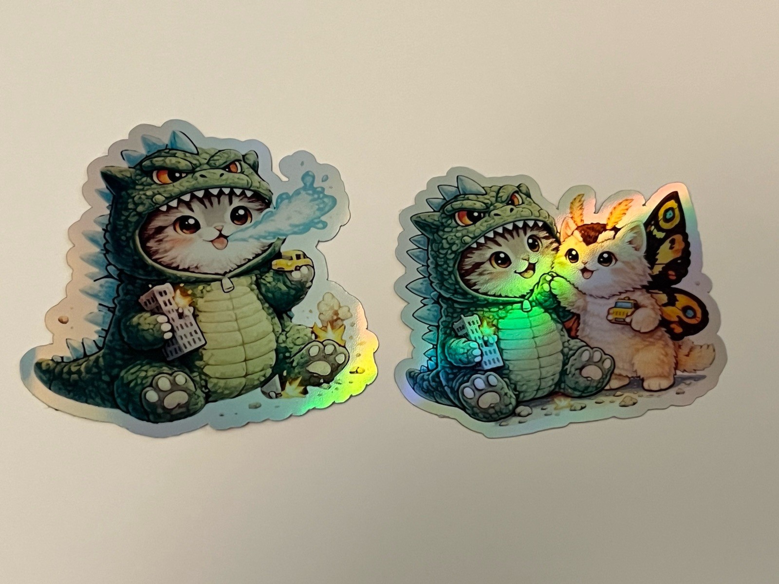 Godzilla Catzilla & Kitty Mothra Cute 3 Inch Waterproof Holographic Sticker Set