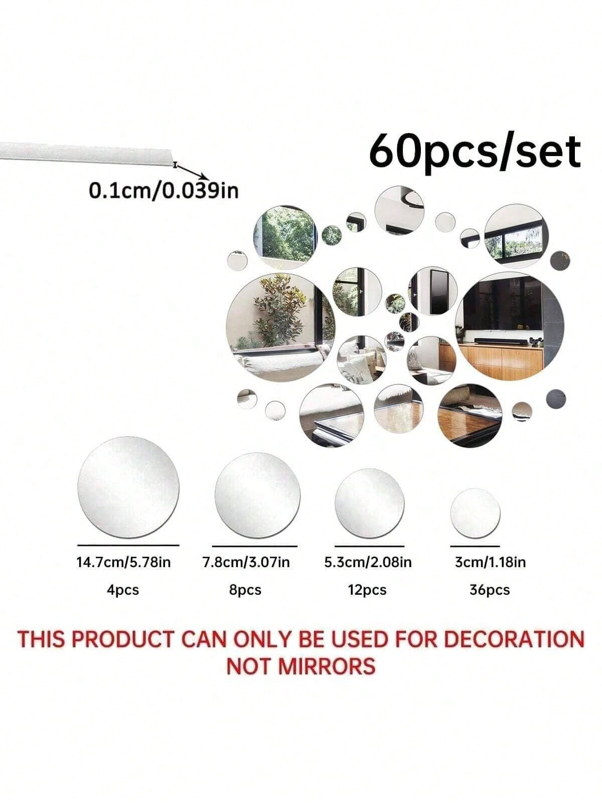 60Pcs Silver Circular Acrylic Mirror Wall Stickers Self Adhesive Home Decor