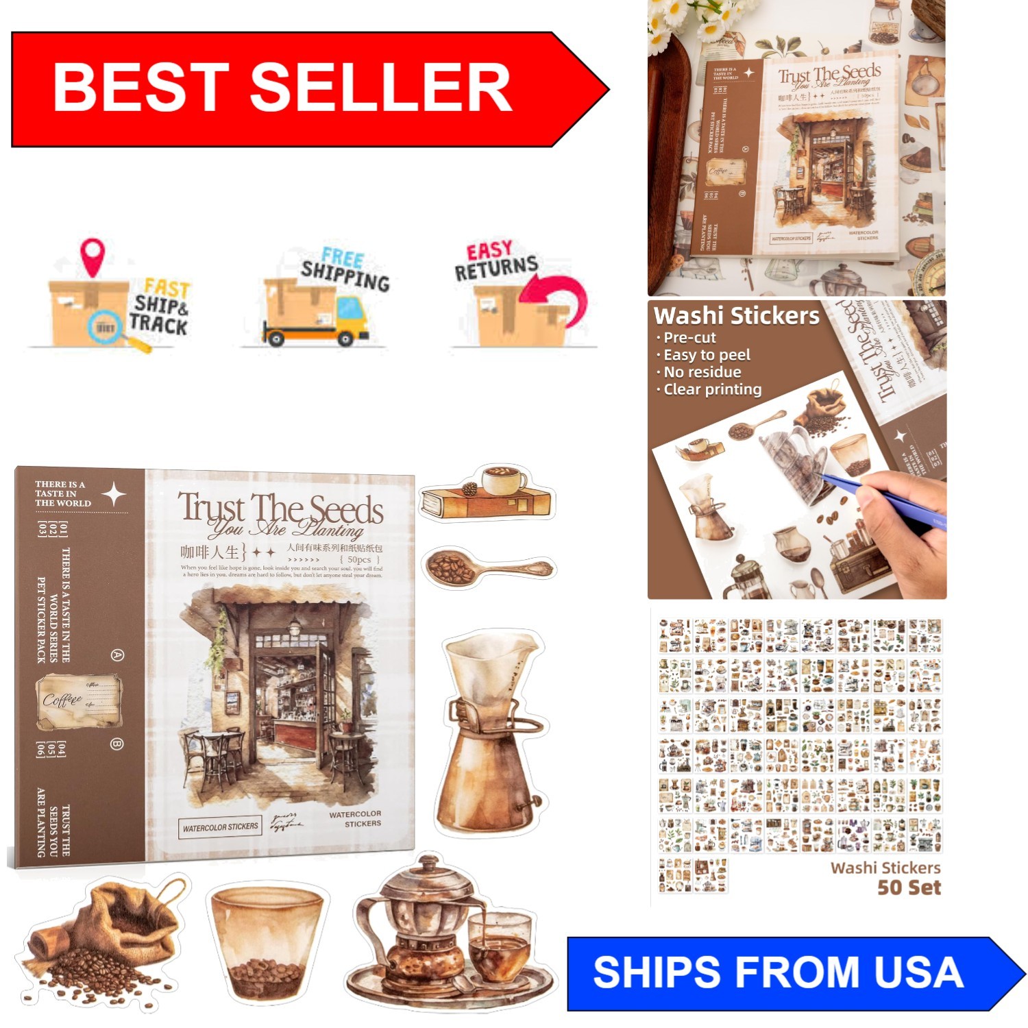 Transform Your Journals with 50 Retro Coffee Washi Stickers – Pre-Cut Beauty