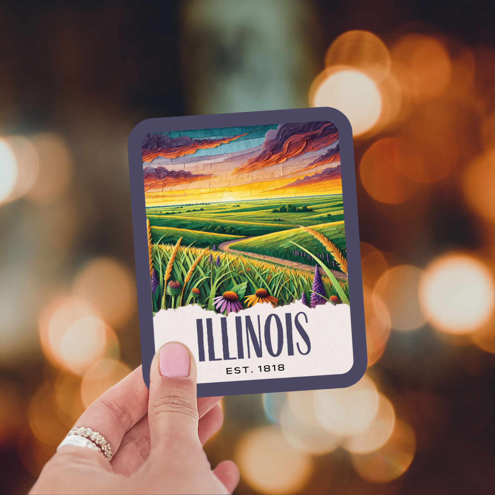 Illinois State Sticker, Paper Collage Look, Midwest Great Plains Vinyl Decal