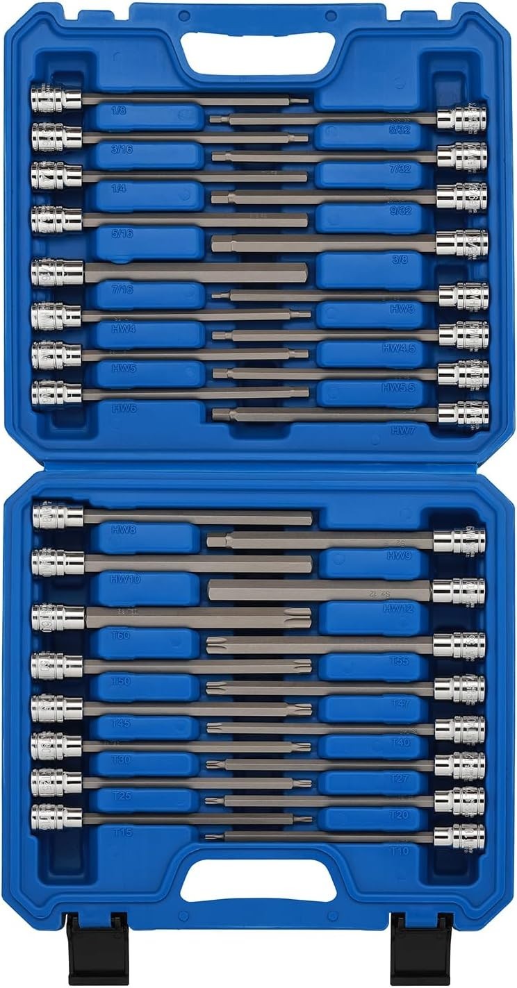 32PCS 3/8″Dr. Extra Long Hex and Torx Bit Socket Set, CR-V, S2…