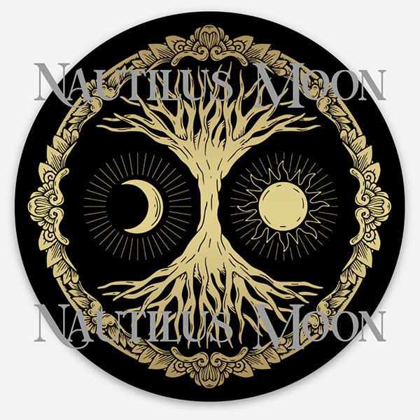 World Tree / Tree of Life Moon Sun Pagan Witchy Sticker 3″ Circle – Free Ship