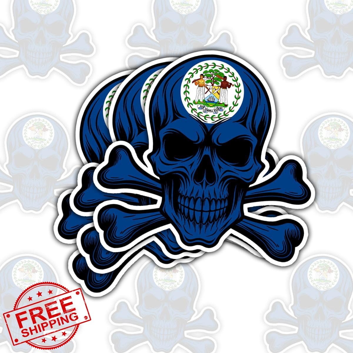 Belize Flag Skull Decal 3pc 5″ Patriotic Vinyl Sticker