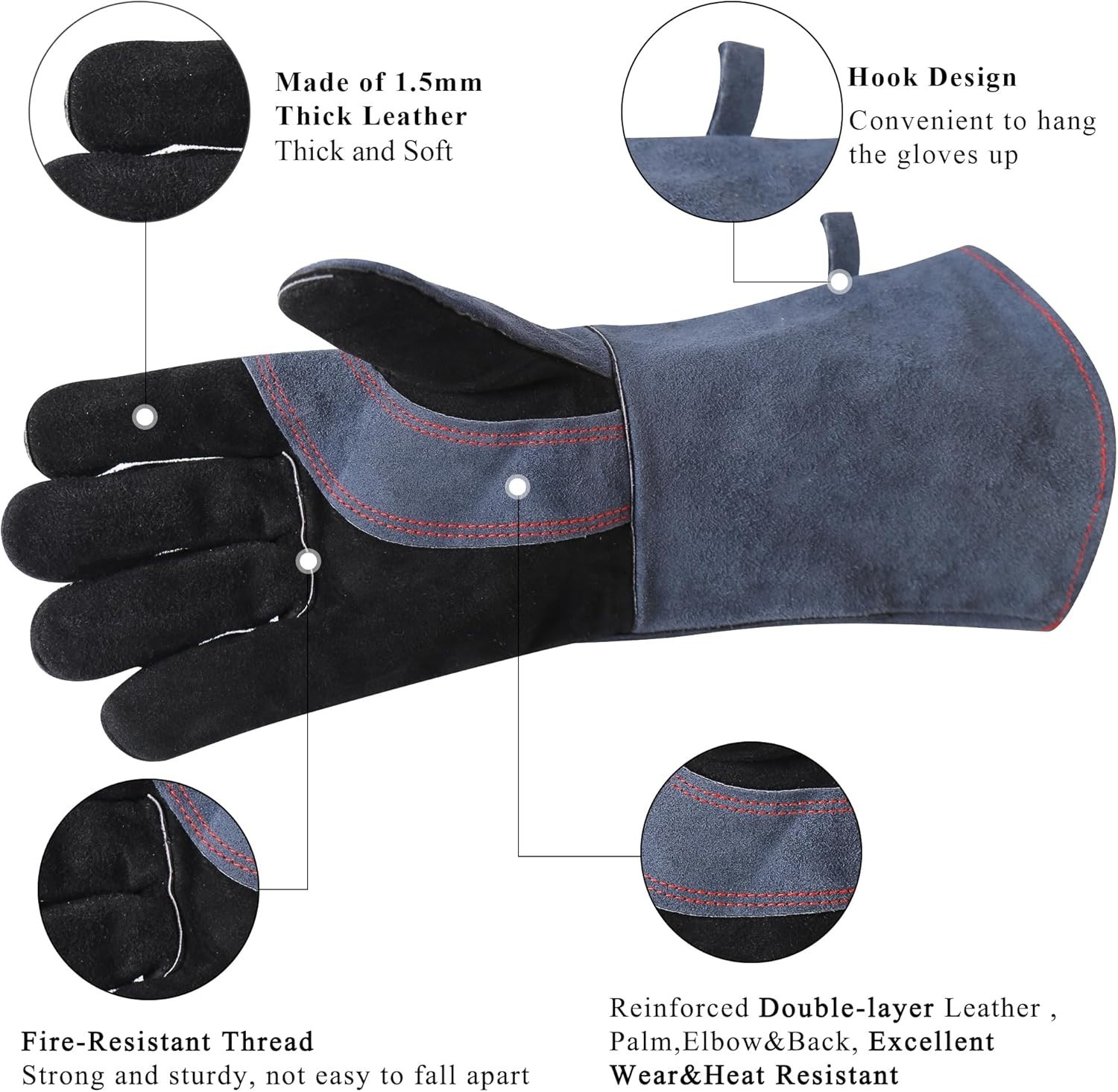 Fireplace Gloves Fire Heat Resistant: Grey 16IN 662℉- Fireproof Leather for Fi