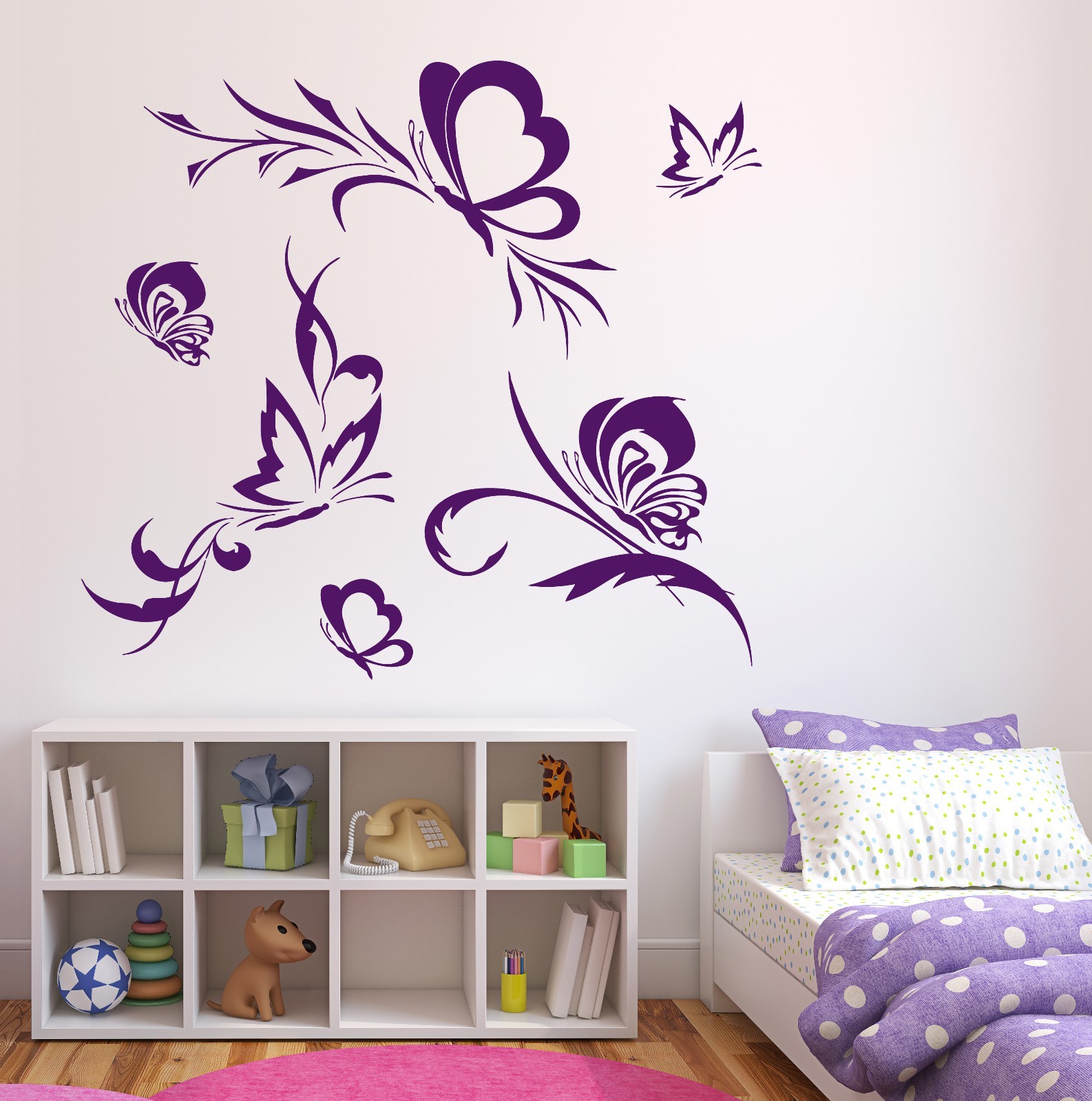 Wall Vinyl Sticker Flock Beautiful Butterflies Flying Around Flowers (n148)