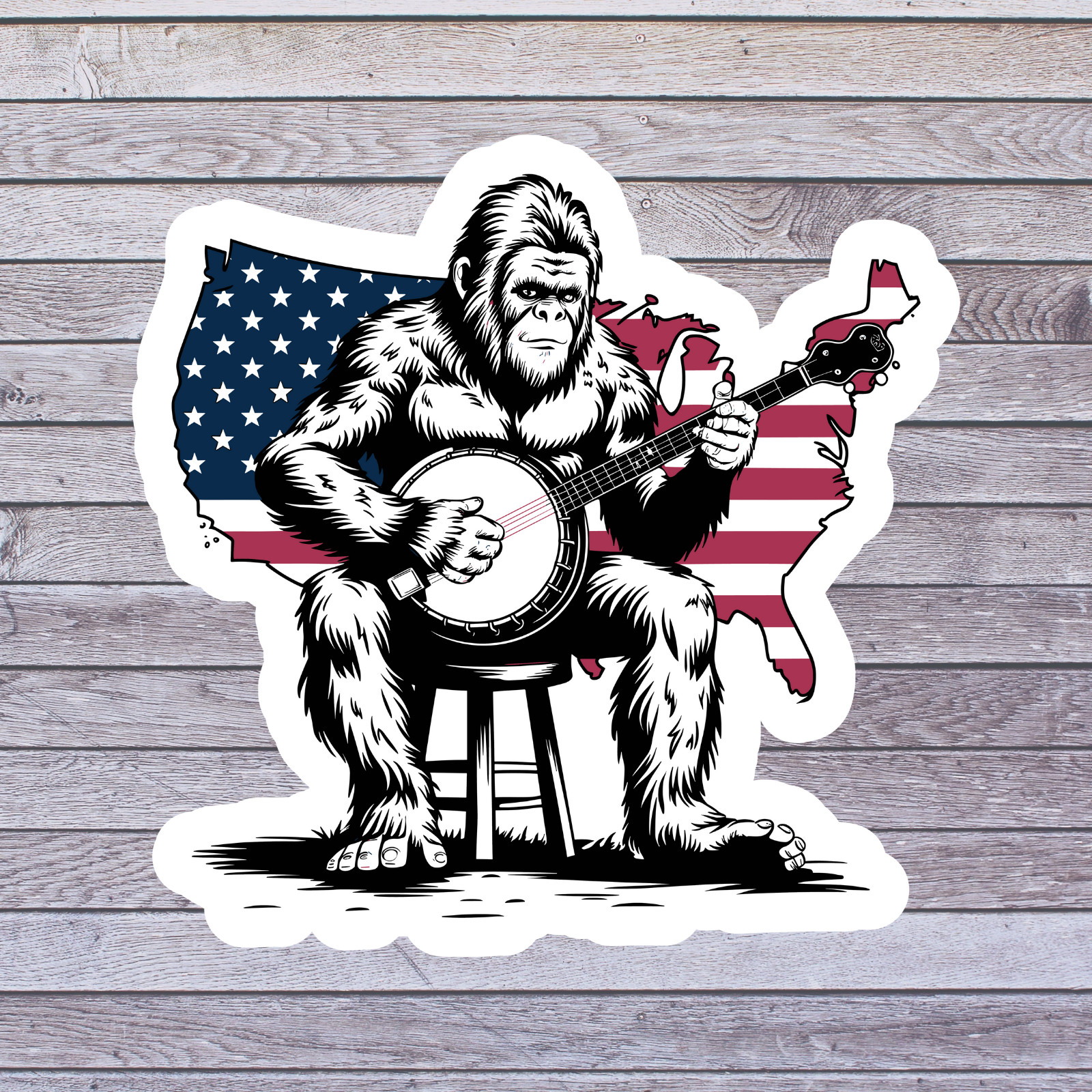 Bigfoot Sticker Vinyl Decal Banjo Playing Sasquatch American Flag Patriotic