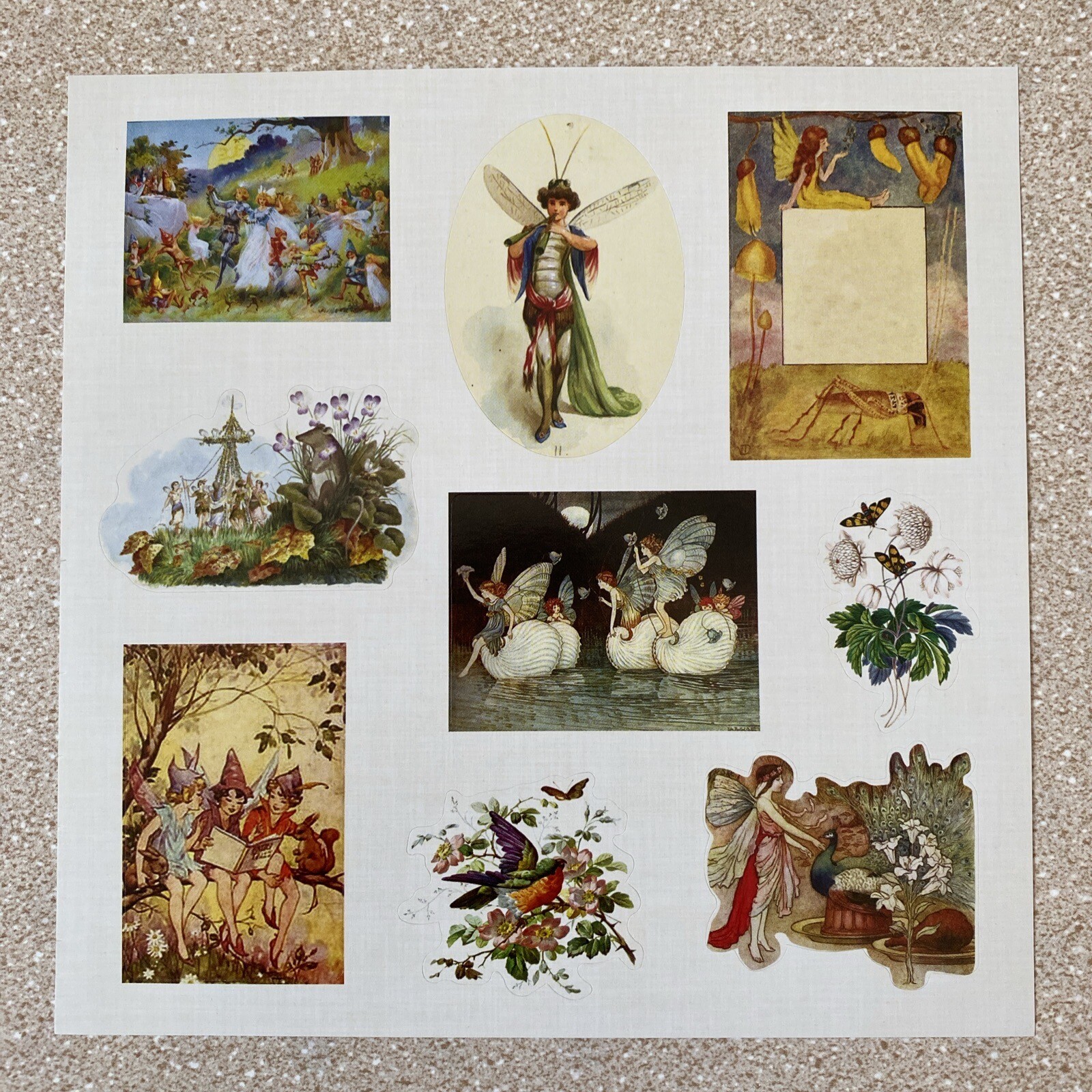 Fairy Garden Vintage Style Stickers Reading Peacock Bird Butterflies Wedding New