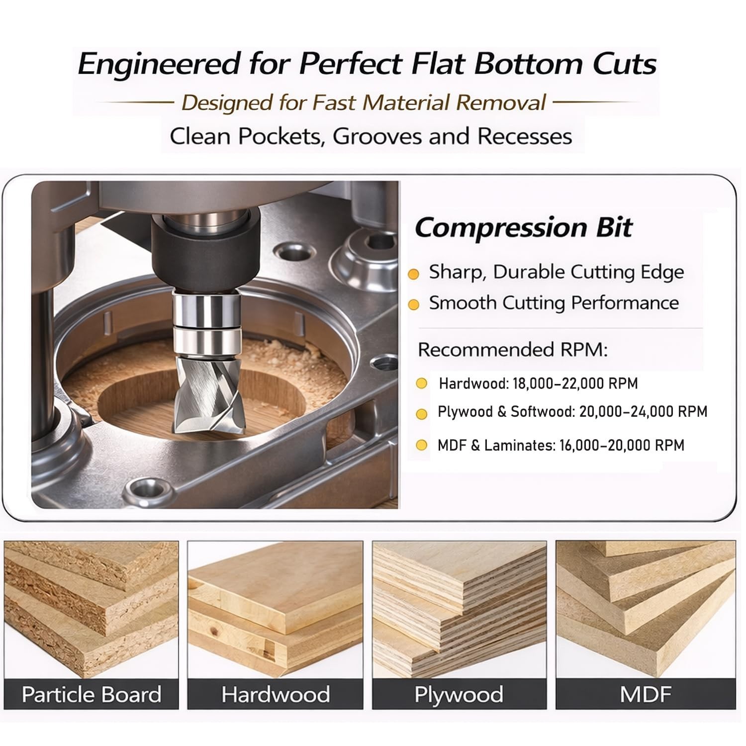 Solid Carbide Compression Flush Trim Router Bit 1/4 Shank, 2+2 Flute, 1/2″ Di…