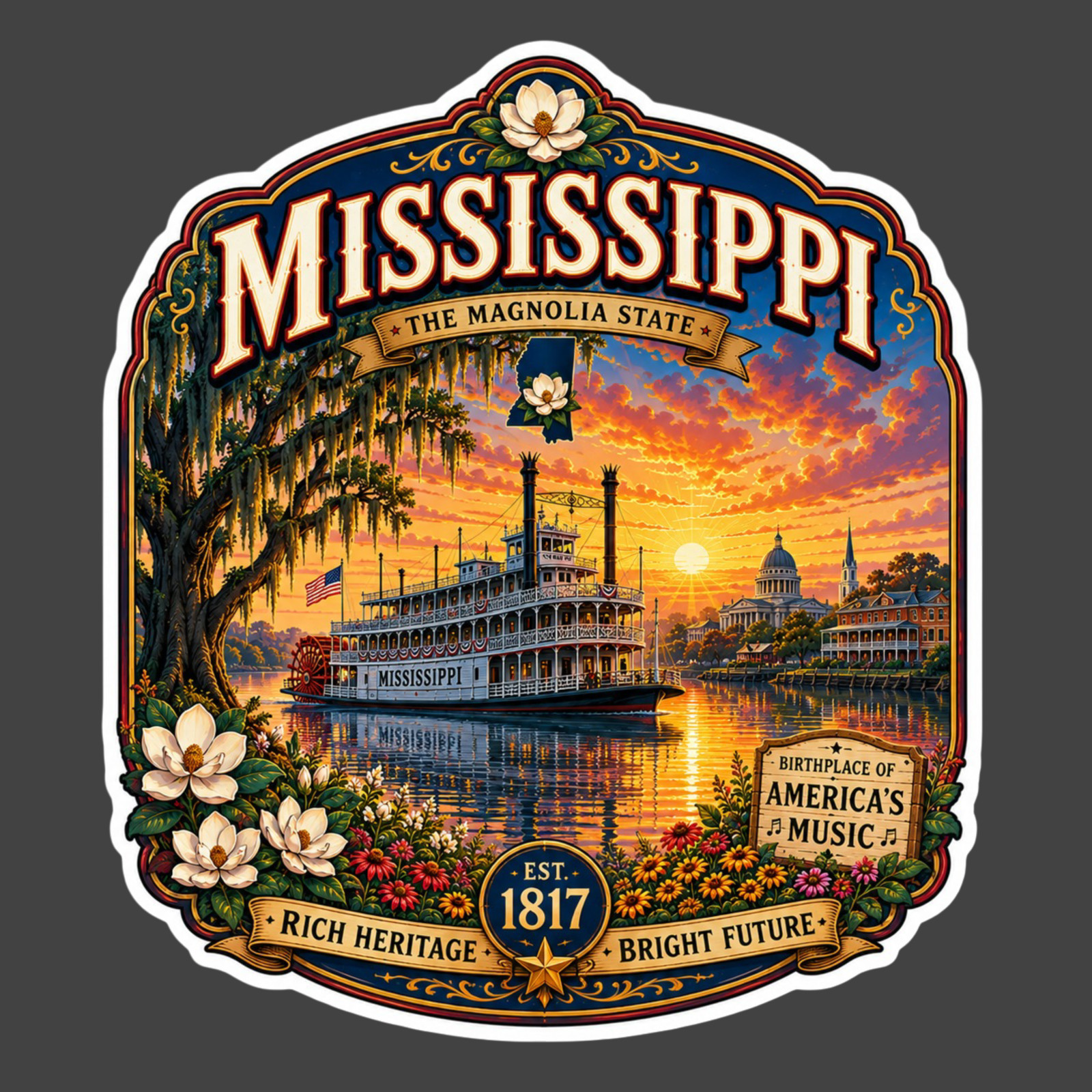 Mississippi Sticker Vinyl Decal Magnolia State Steamboat River Travel Souvenir 6