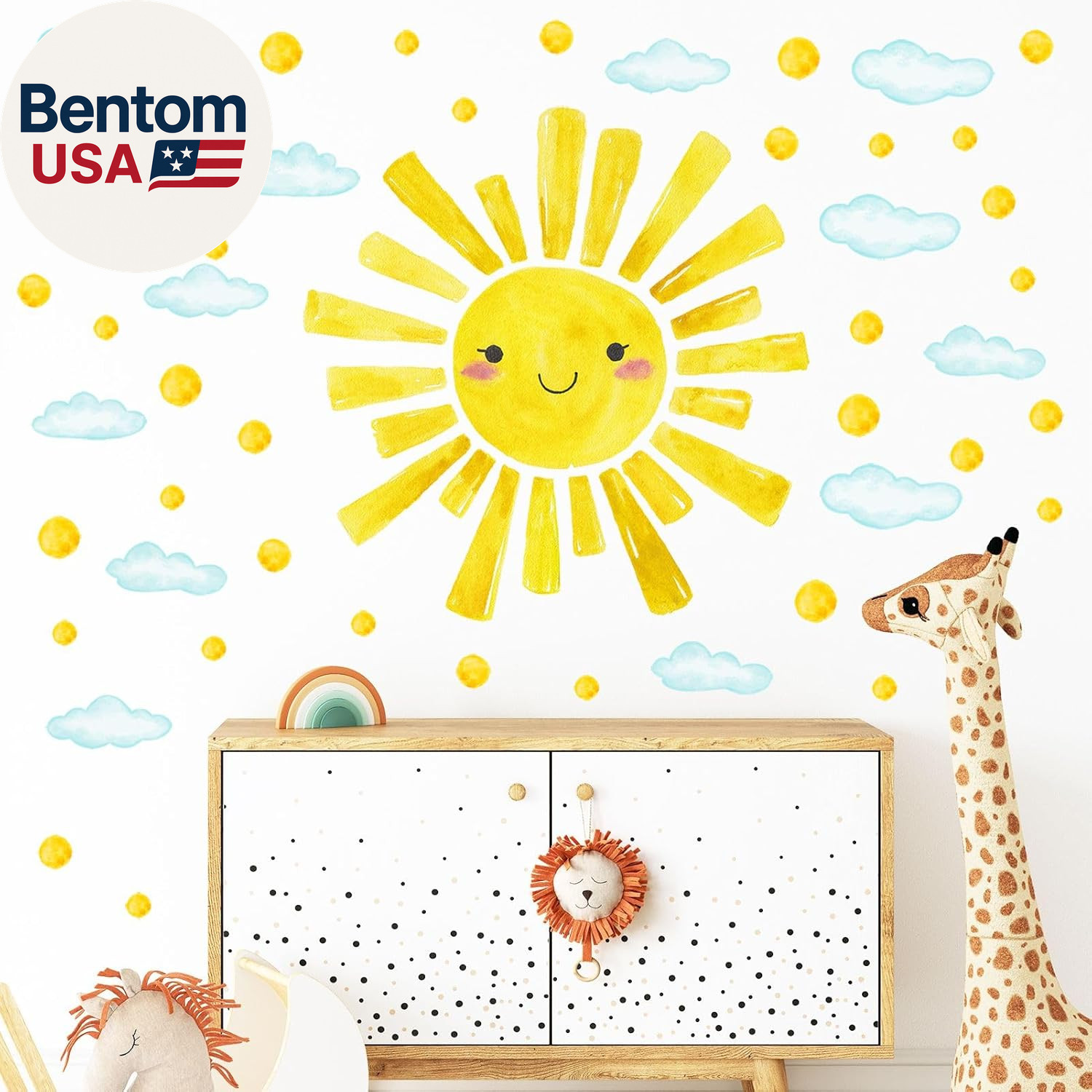 Watercolor Large Sun Wall Decals Cloud Polka Dots Wall Stickers for Kids Room, 1