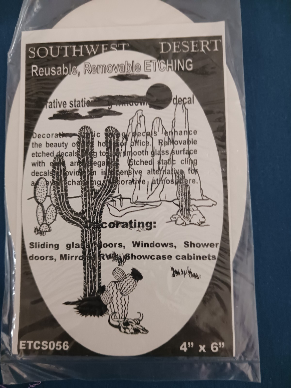 Southwest Desert Decal 4″x6″ OVAL Etched Glass Look Cling Removable Reusable 56