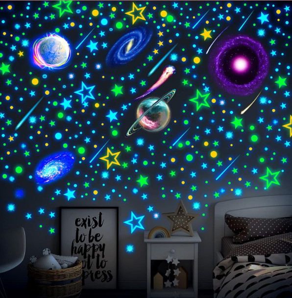 495 Pcs Glow in The Dark Moons and Stars Wall Decals for Ceiling,Glowing Planets