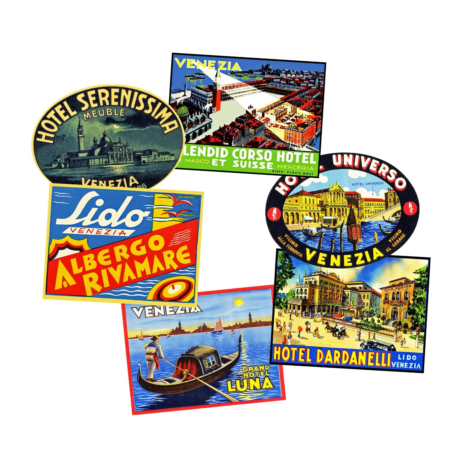 Hotel Luggage Label Set, Golden Age of Travel Baggage Tag, 6 Reproduction Decals