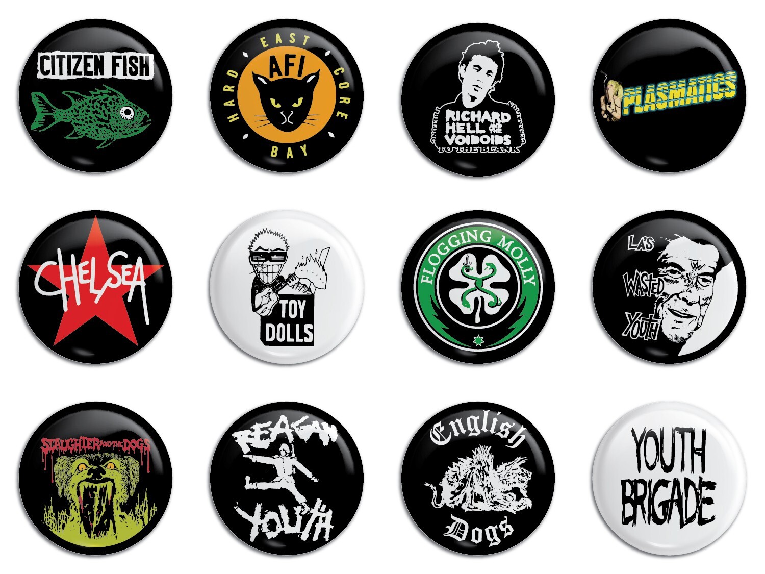 Punk Rock Bands Buttons/Pinbacks Pack 4 Reagan Youth Chelsea Flogging Molly