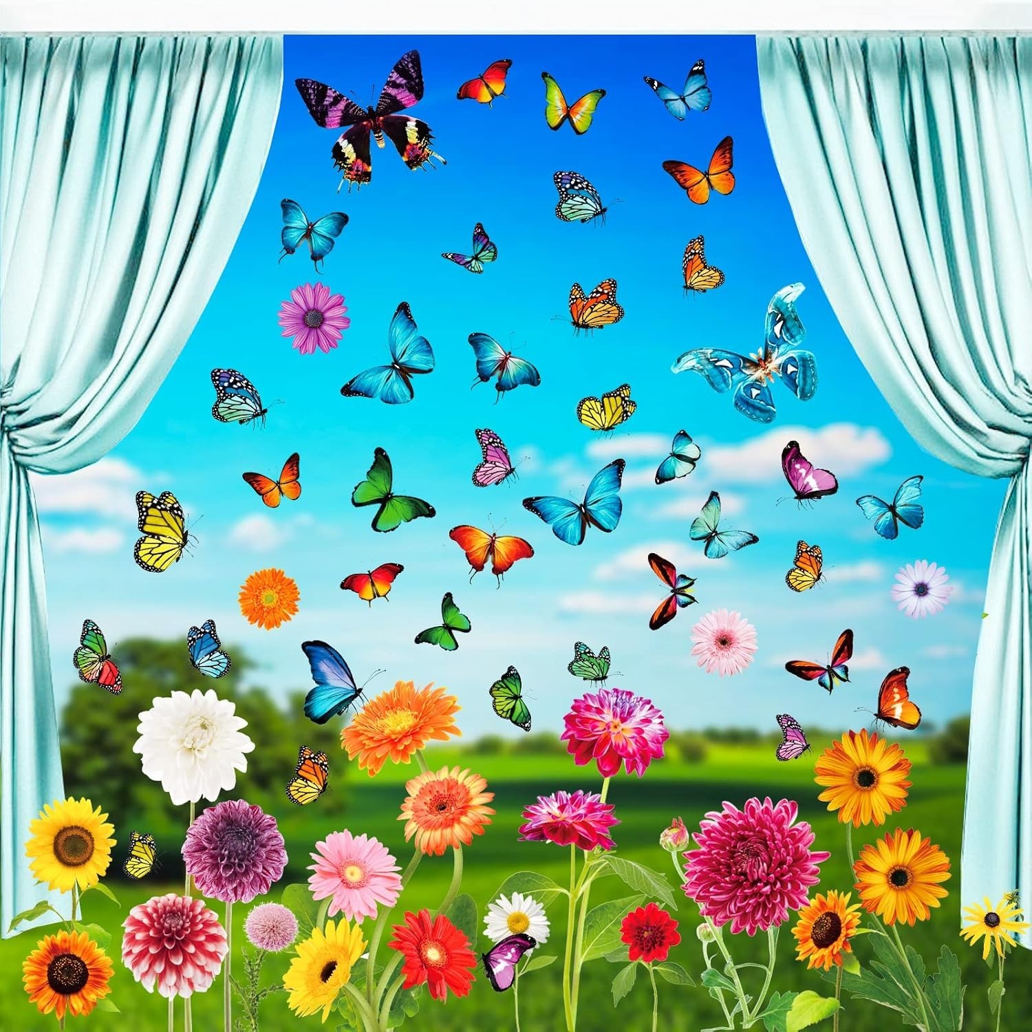 Spring Window Cling Sticker – 78PCS Tulip Butterfly Flower Hummingbirds Windo…