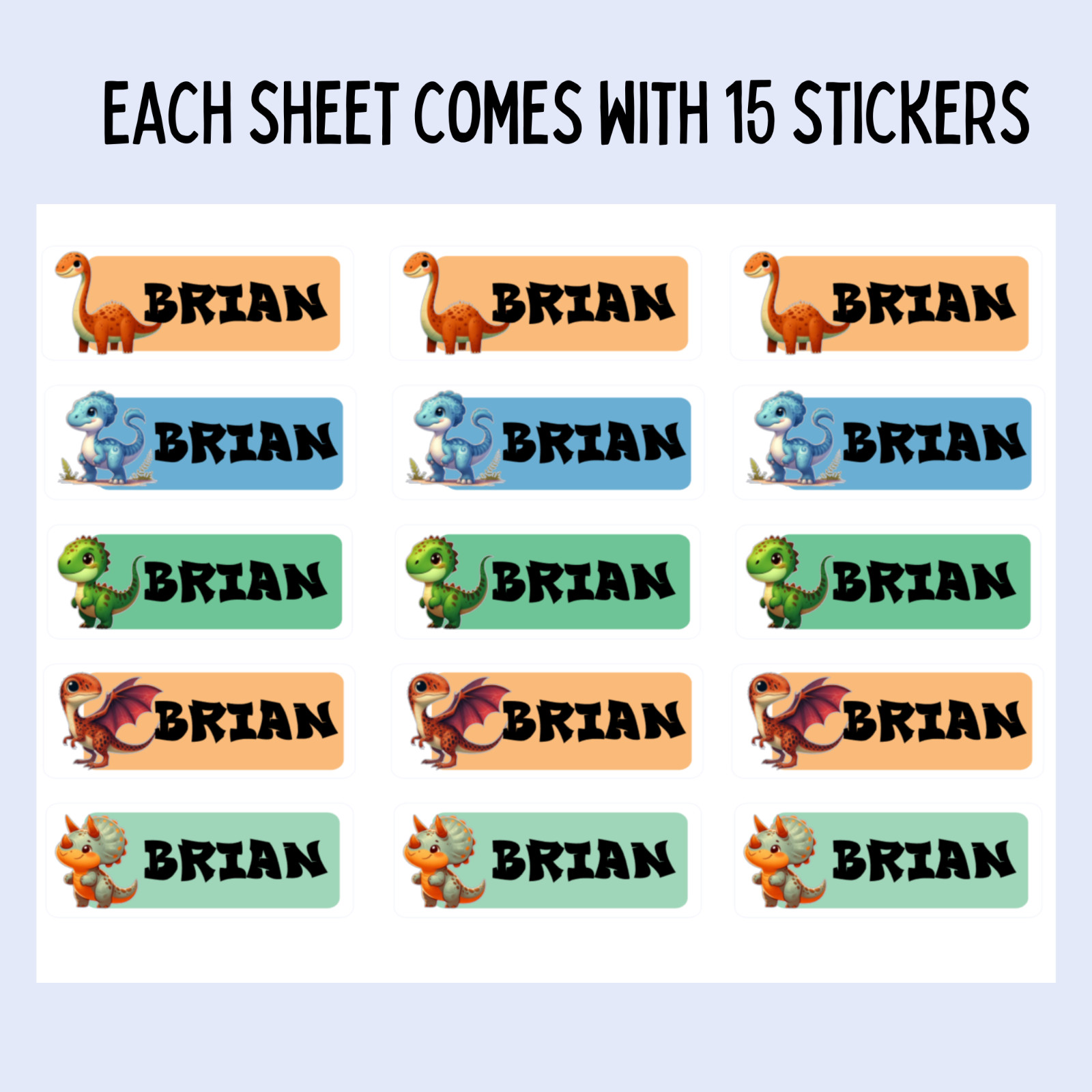Custom Name Dinosaur Stickers – 15-Pack Label Sheet for Kids, 2″ Name Tags