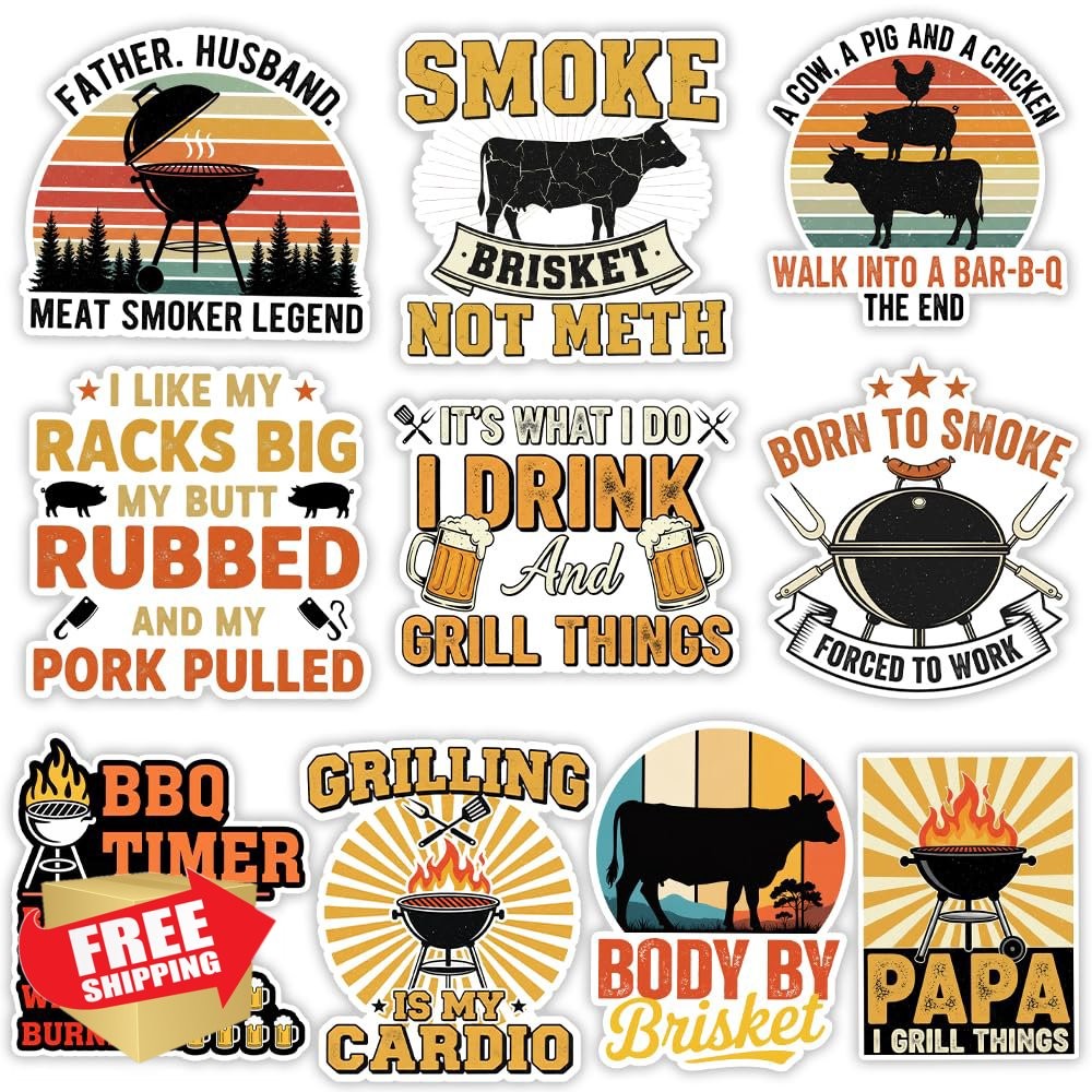 MAIANEY 10pk 3in BBQ Grilling Stickers, Pitmaster Smoker Vinyl Decals