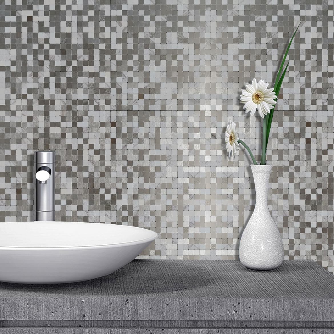 -Adhesive Metal Backsplash, Peel and Stick Tile for Kitchen Brushed Aluminium…