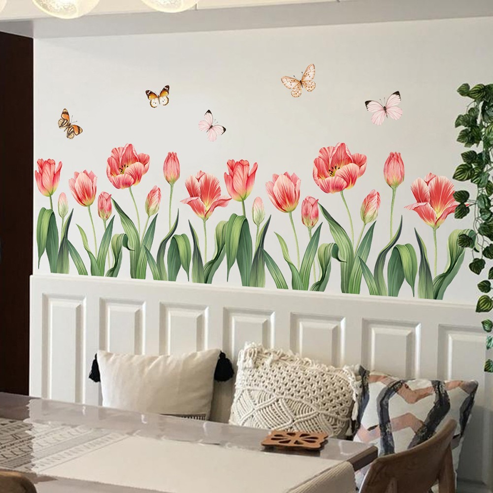DIY Application Removable Vinyl Wall Stickers Tulip Flower & Butterfly Design