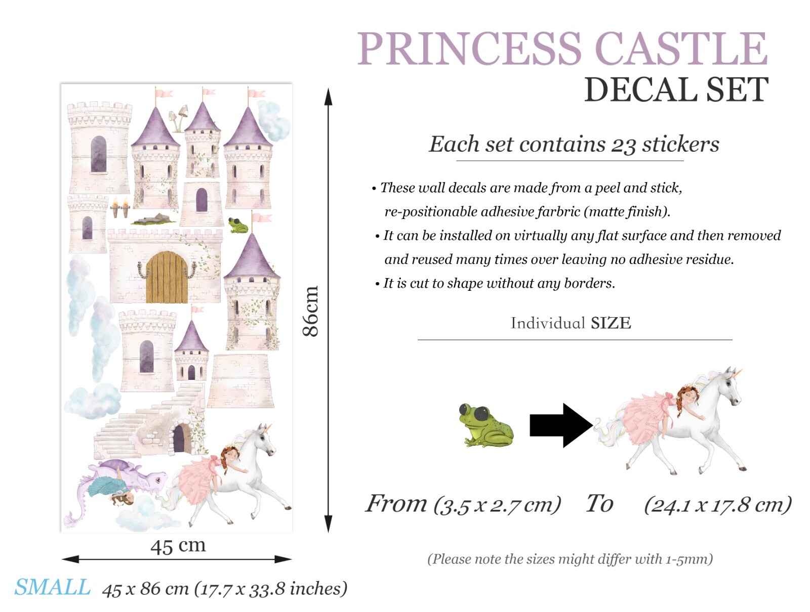 Princess Castle Horse Dragon Wall Fabric Decal for Girl Bedroom Peel and Sticker