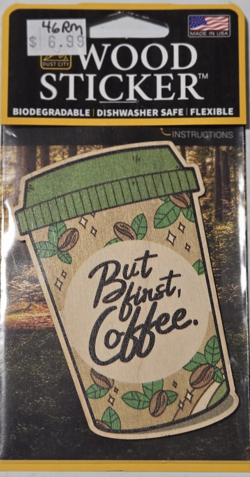 Dust City Wood Sticker “Coffee” biodegradable, dishwasher safe, flexible. USA