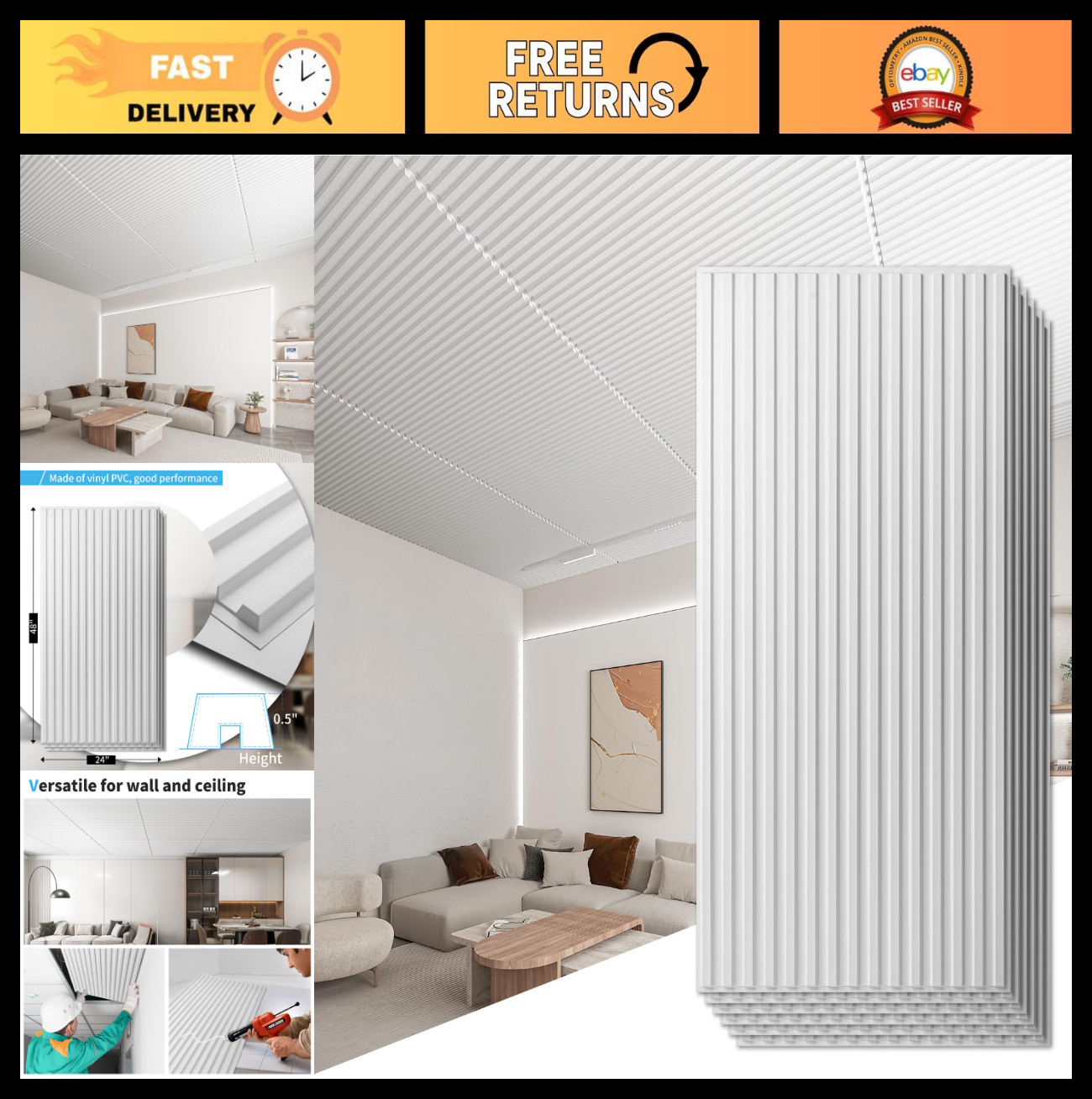 12-Pack 3D Wall Panels – Slat Design PVC Ceiling Tiles for Interior Decor, White