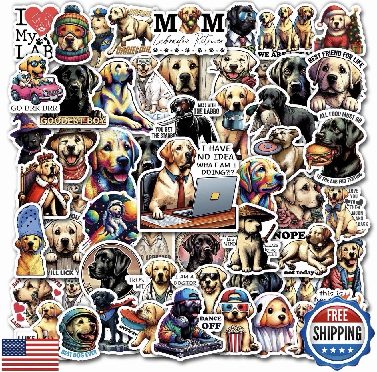 WESILY Pack 50 PCS Labrador Retriever Stickers Cute Cartoon Animals Waterproo