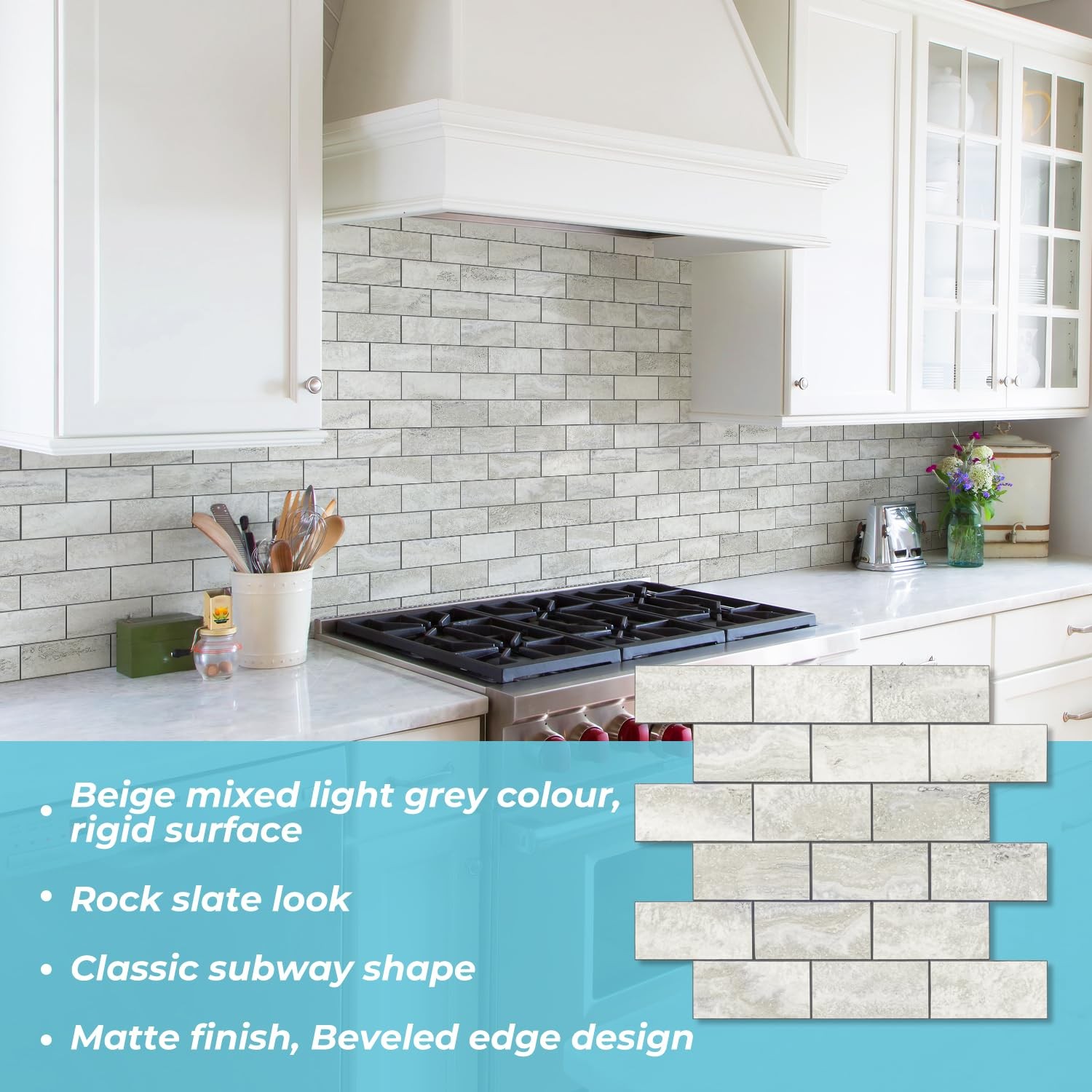 10-Sheet Subway Tile Cream Peel and Stick Backsplash, Beige Stone Texture wit…