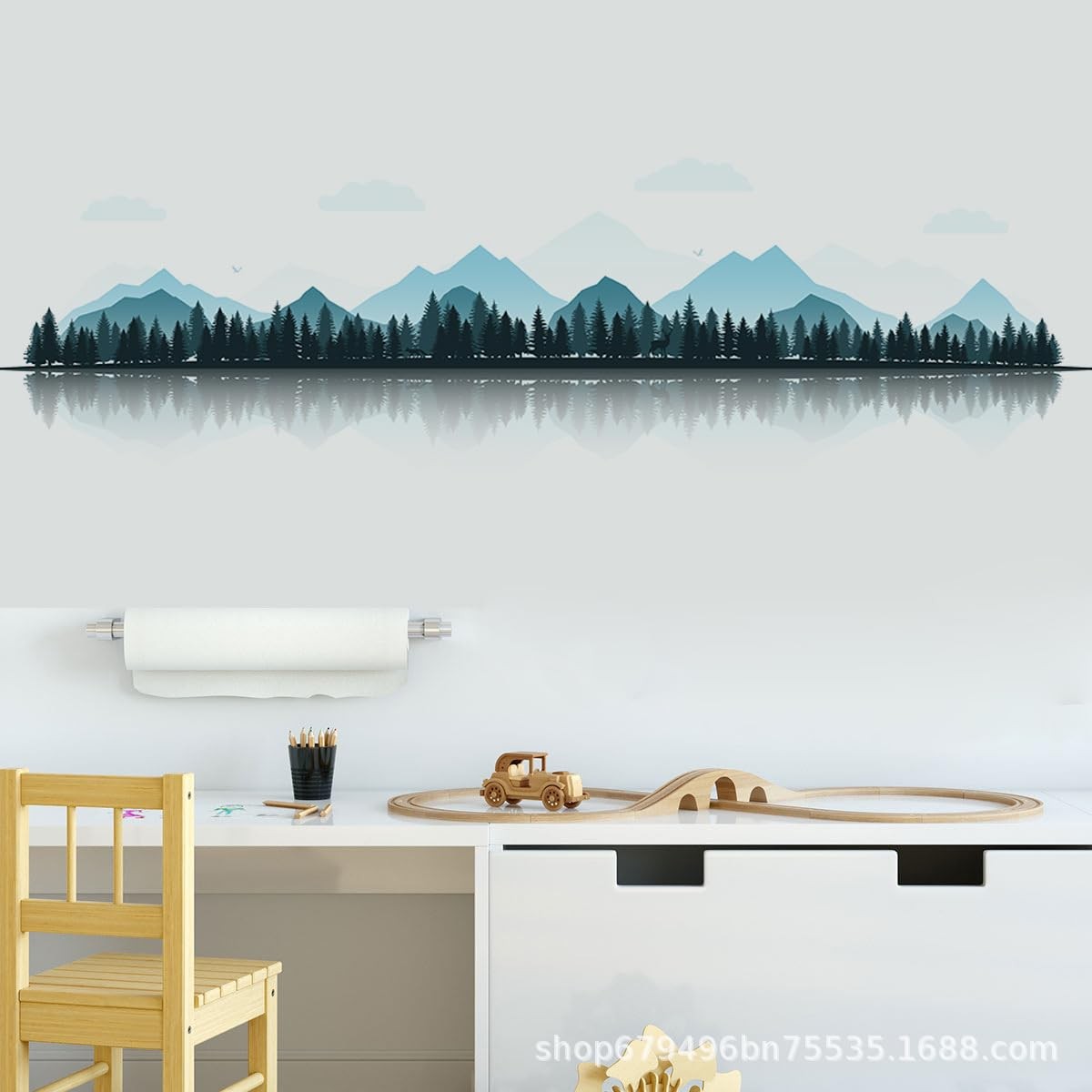 Chinese Style Landscape Painting Wall Sticker,Blue Mountain Wall Decal Wilder…