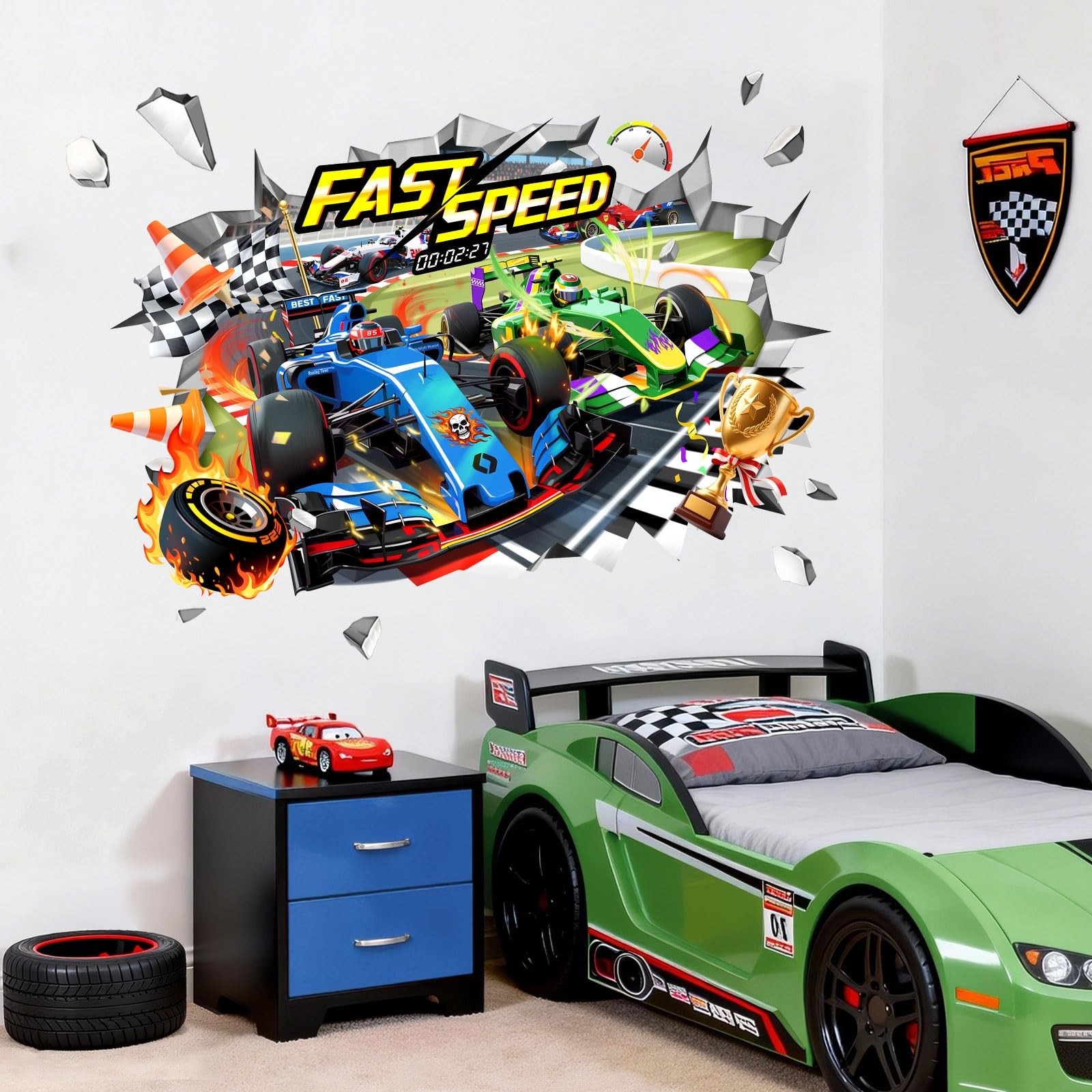 3D Racing Car Wall Decals – Speeding Race Car Break Through Wall Stickers for…