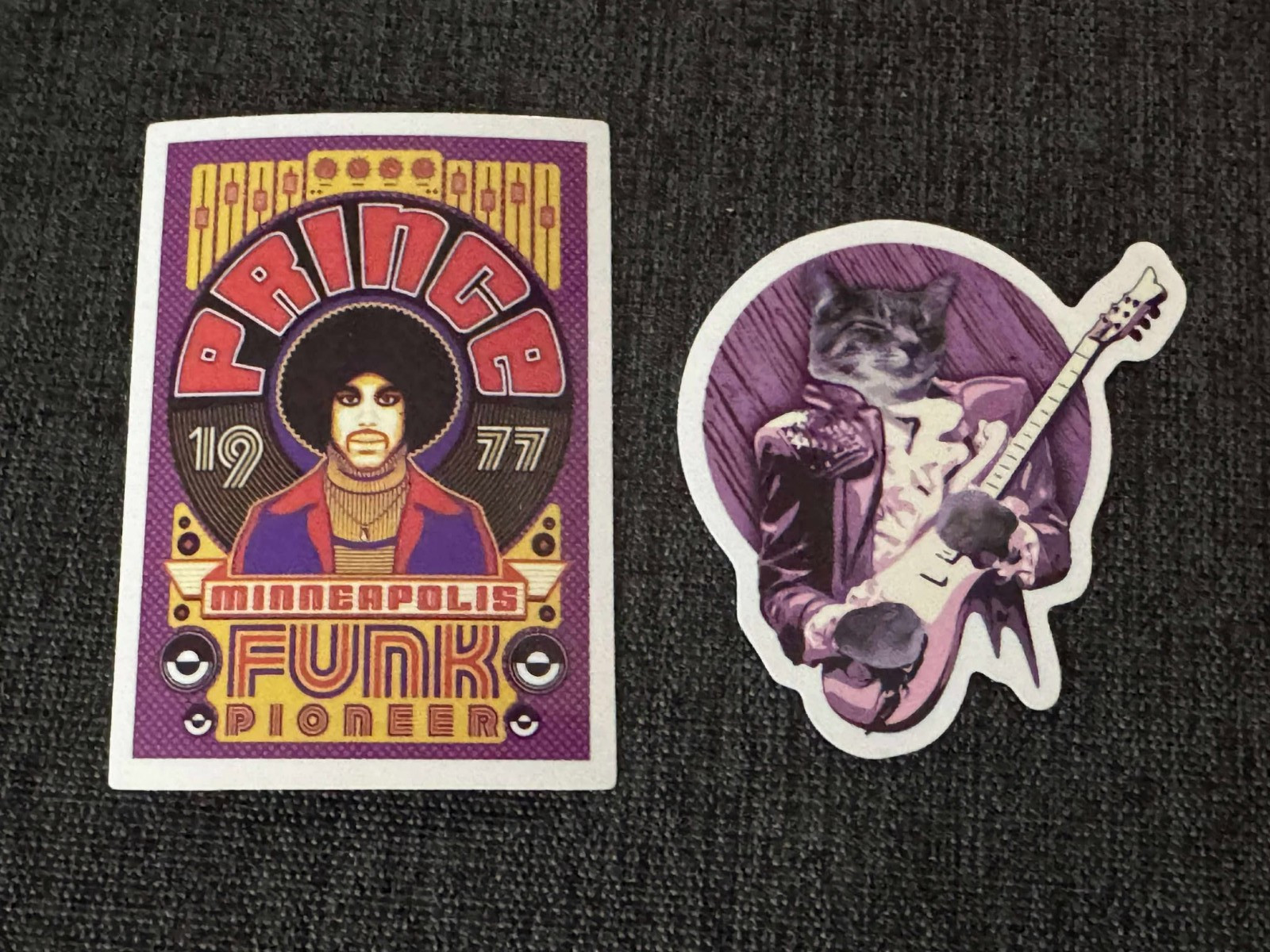 Lot (2) PRINCE 1 3/4″ to 2 1/2″ Purple Rain Cat STICKERS Fast! FREE SHIP! Funk