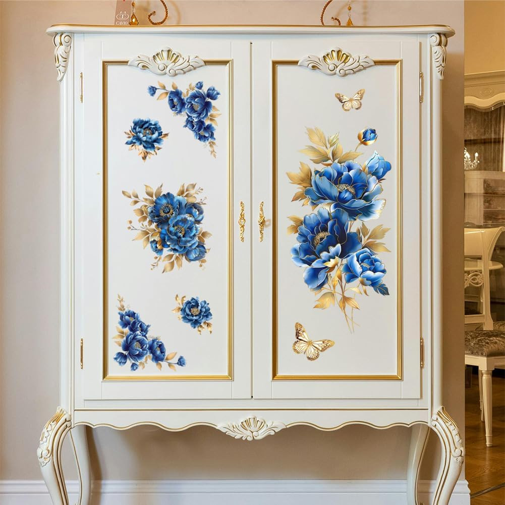 Rub on Transfer Sticker for Furniture Crafts Decor 6″X12″ Blue and Gold Peonies